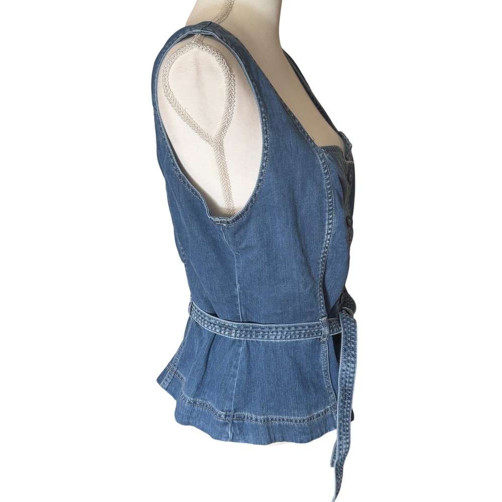 White House Black Market Topstitch Denim Bodice‎ Peplum Belted Top Blue 14 NWT - Picture 11 of 13